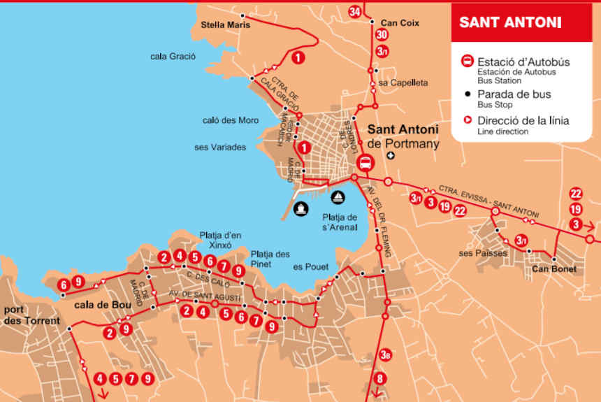 San Antonio (San Antoni) Bus Stops & Routes Map